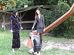 Two wild German babes punishing their dude outdoors